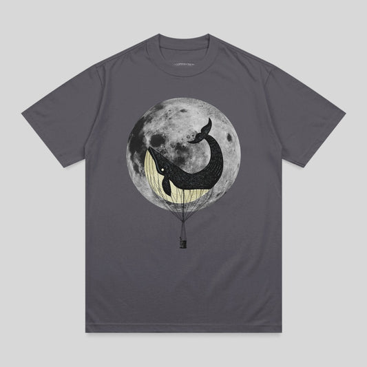 Whale in hot air balloon in front of a full moon.