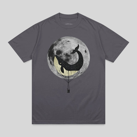 Whale in hot air balloon in front of a full moon.