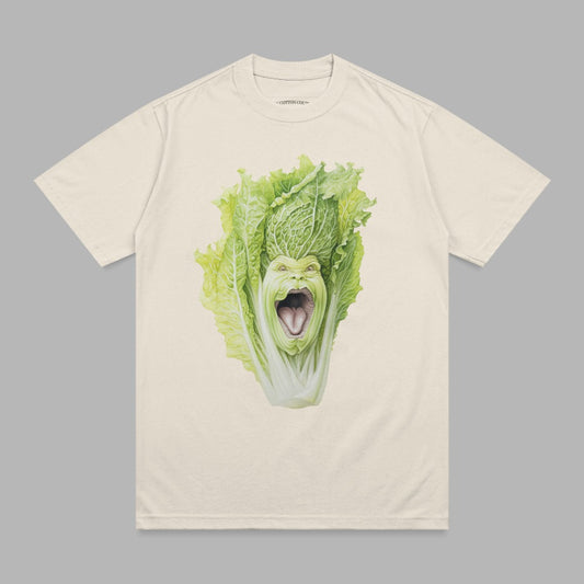 T-shirt graphic with a screaming face made of lettuce and cabbage.