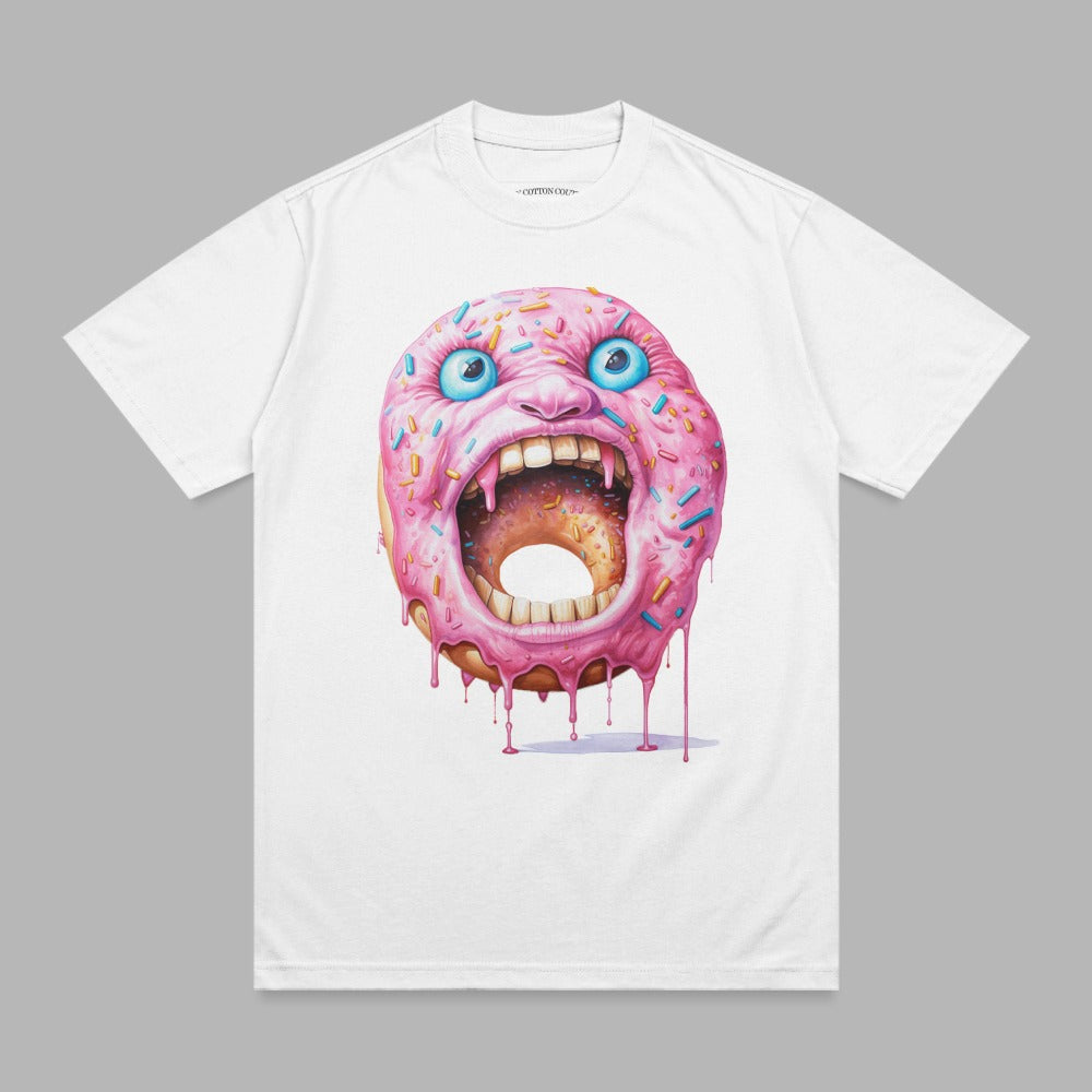 White t-shirt with a donut character with a screaming face and dripping pink icing.