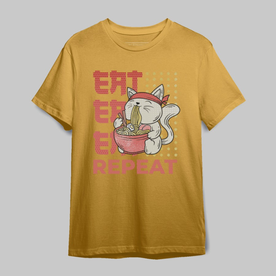 Ramen Eating Cat Graphic Tee Eat Repeat Shirt