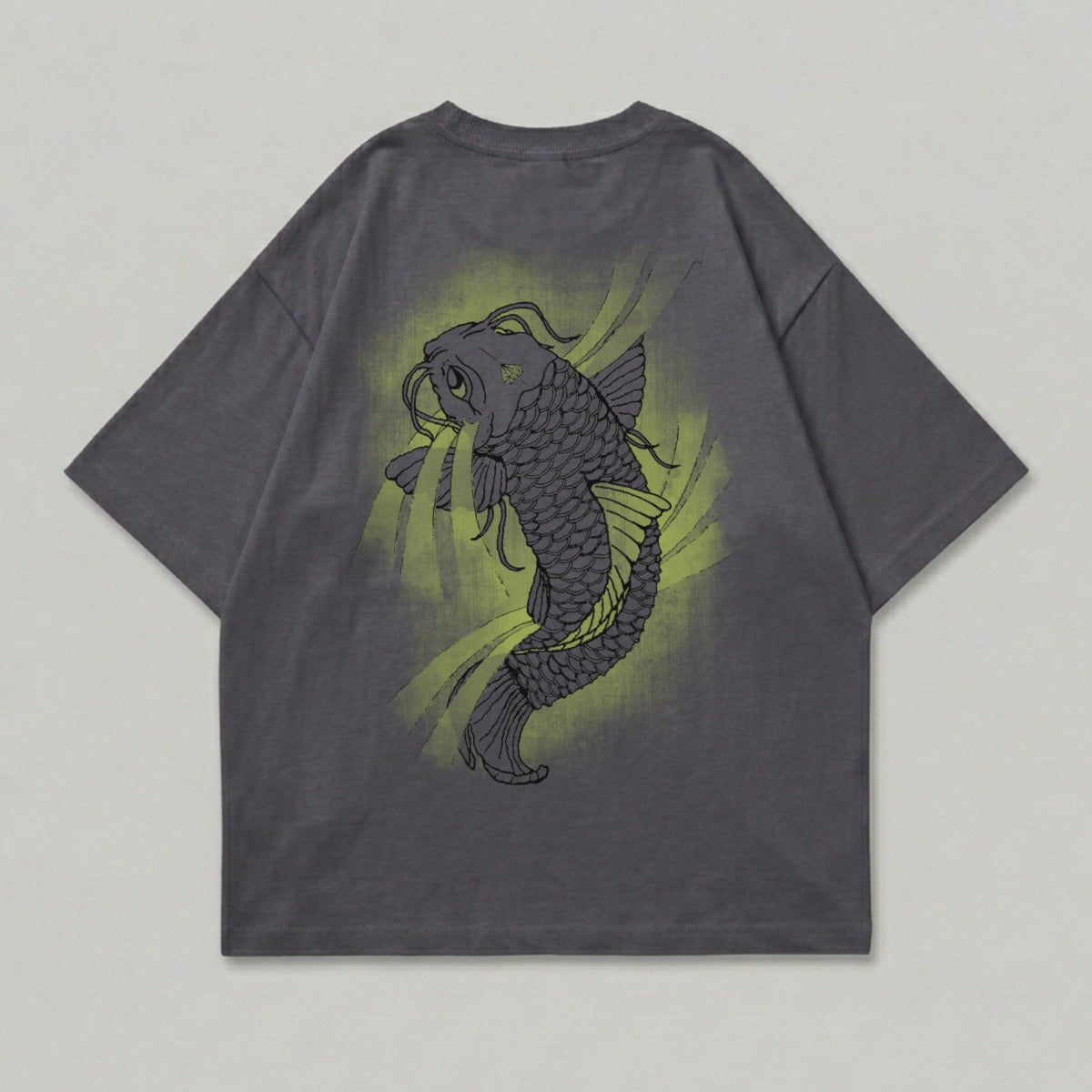 Dark grey t-shirt with a stylized koi fish graphic on the back.