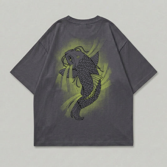 Dark grey t-shirt with a stylized koi fish graphic on the back.