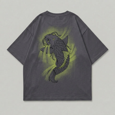Dark grey t-shirt with a stylized koi fish graphic on the back.