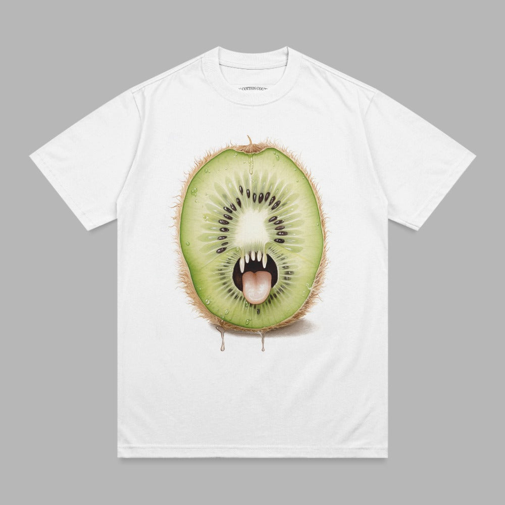 White t-shirt with a cartoon kiwi monster with fangs and tongue.