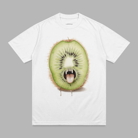 White t-shirt with a cartoon kiwi monster with fangs and tongue.