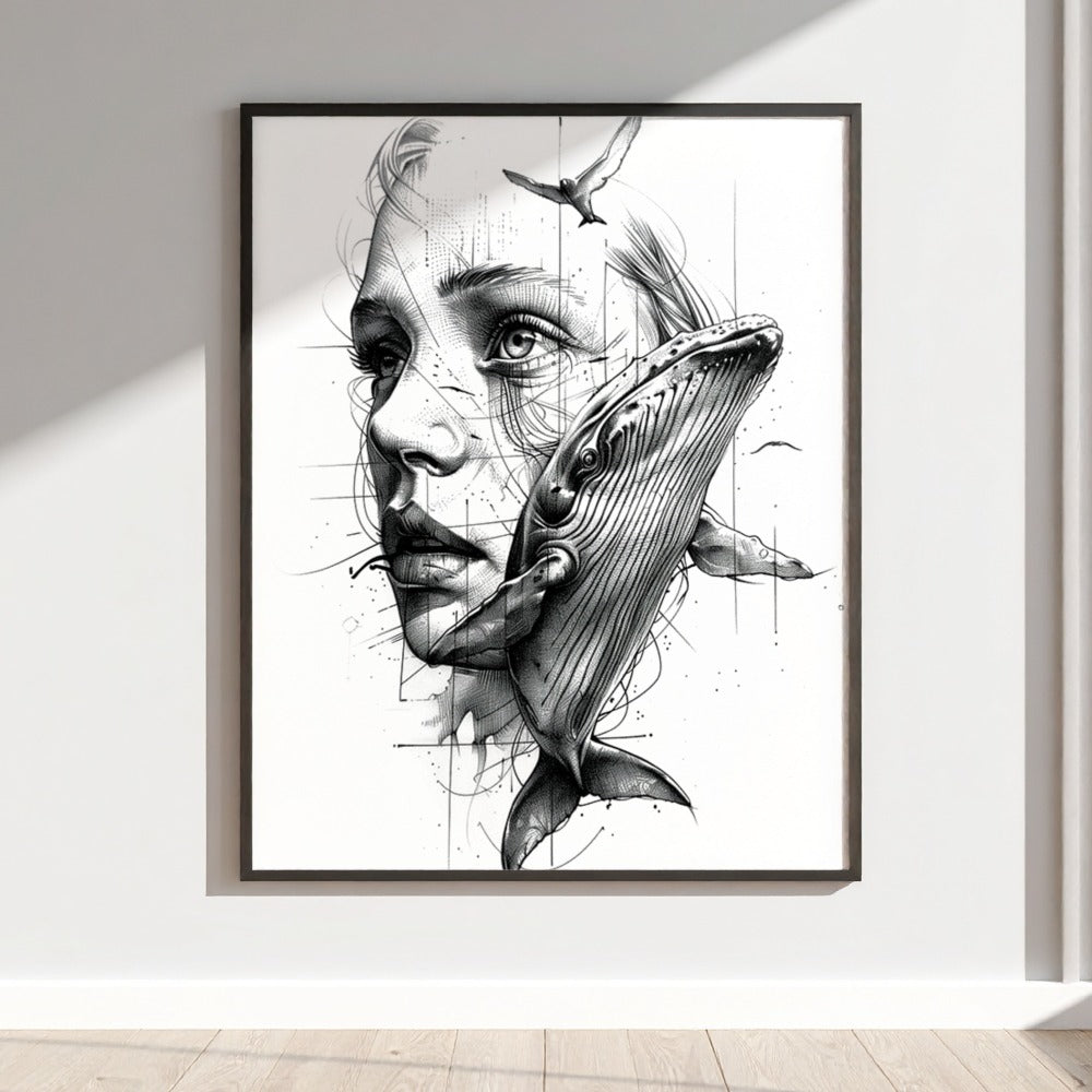 Monochrome Whale and Human Face Art Print Wall Décor