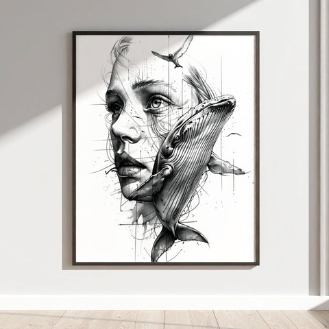 Monochrome Whale and Human Face Art Print Wall Décor