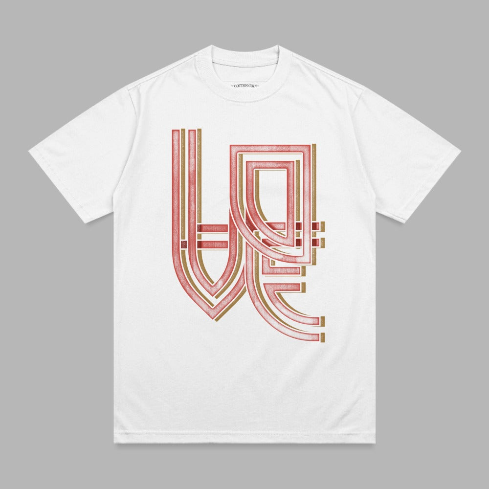 White t-shirt with abstract red and gold geometric graphic design.