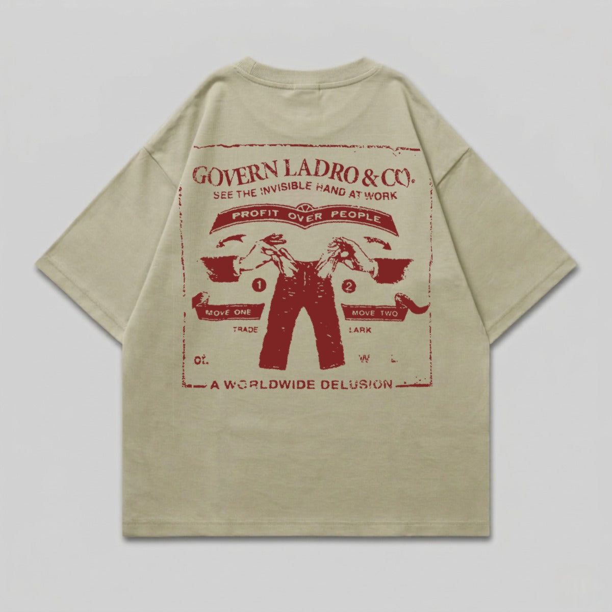 T-shirt with "Govern Ladro & Co." and "Profit Over People" graphic.