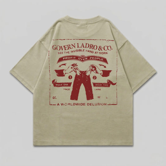 T-shirt with "Govern Ladro & Co." and "Profit Over People" graphic.