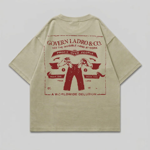 T-shirt with "Govern Ladro & Co." and "Profit Over People" graphic.