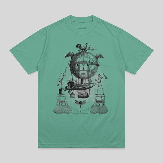 Graphic tee with fantastical hot air balloon, figures, and dragonflies.