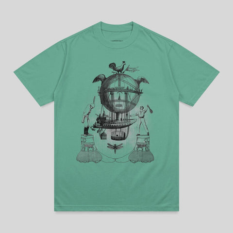Graphic tee with fantastical hot air balloon, figures, and dragonflies.