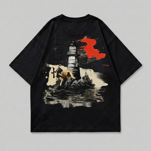 Japanese Lighthouse Red Brushstroke Ocean Waves product type