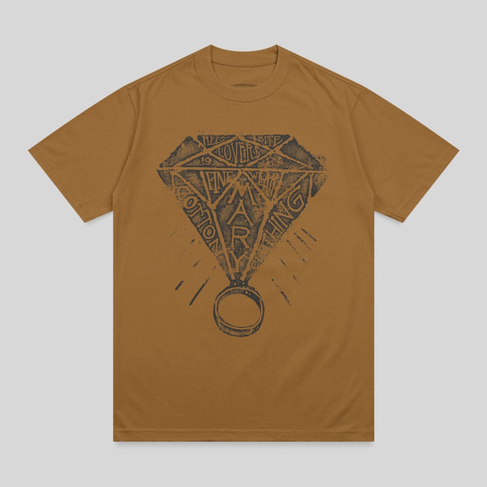 Brown t-shirt with diamond ring graphic and "COTTON CO" text.