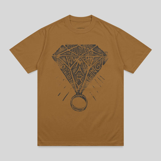 Brown t-shirt with diamond ring graphic and "COTTON CO" text.