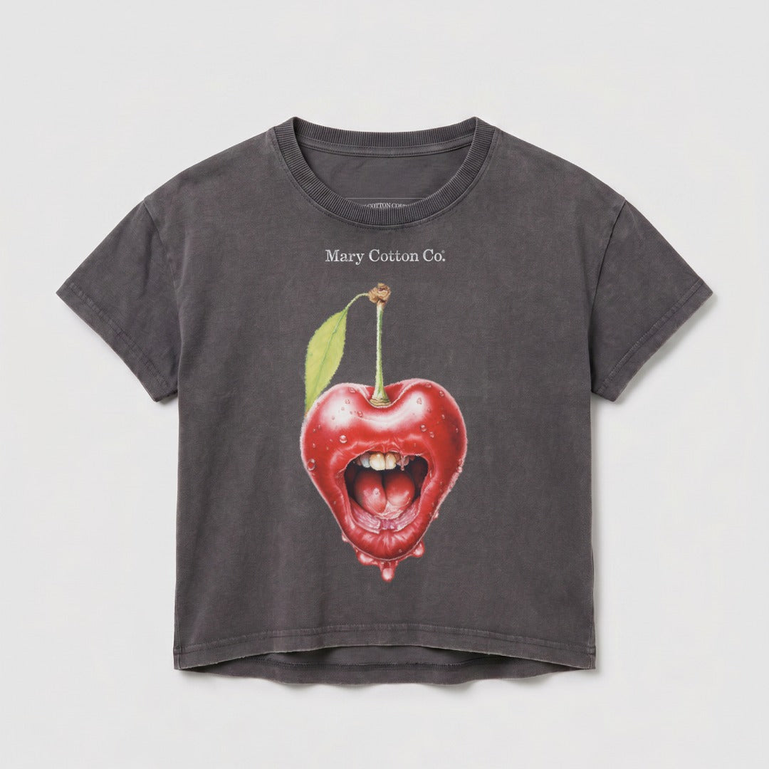 Dark gray t-shirt with a graphic of a cherry with red lips and dripping juice.