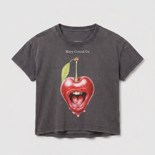 Dark gray t-shirt with a graphic of a cherry with red lips and dripping juice.