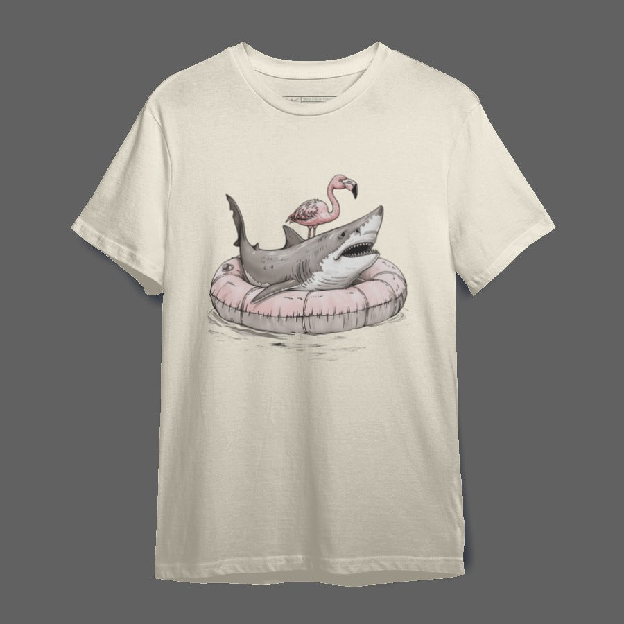 Flamingo Riding Shark Graphic T-Shirt for Unisex Wear