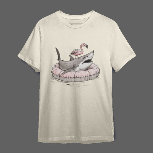 Flamingo Riding Shark Graphic T-Shirt for Unisex Wear