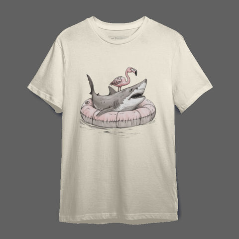 Flamingo Riding Shark Graphic T-Shirt for Unisex Wear