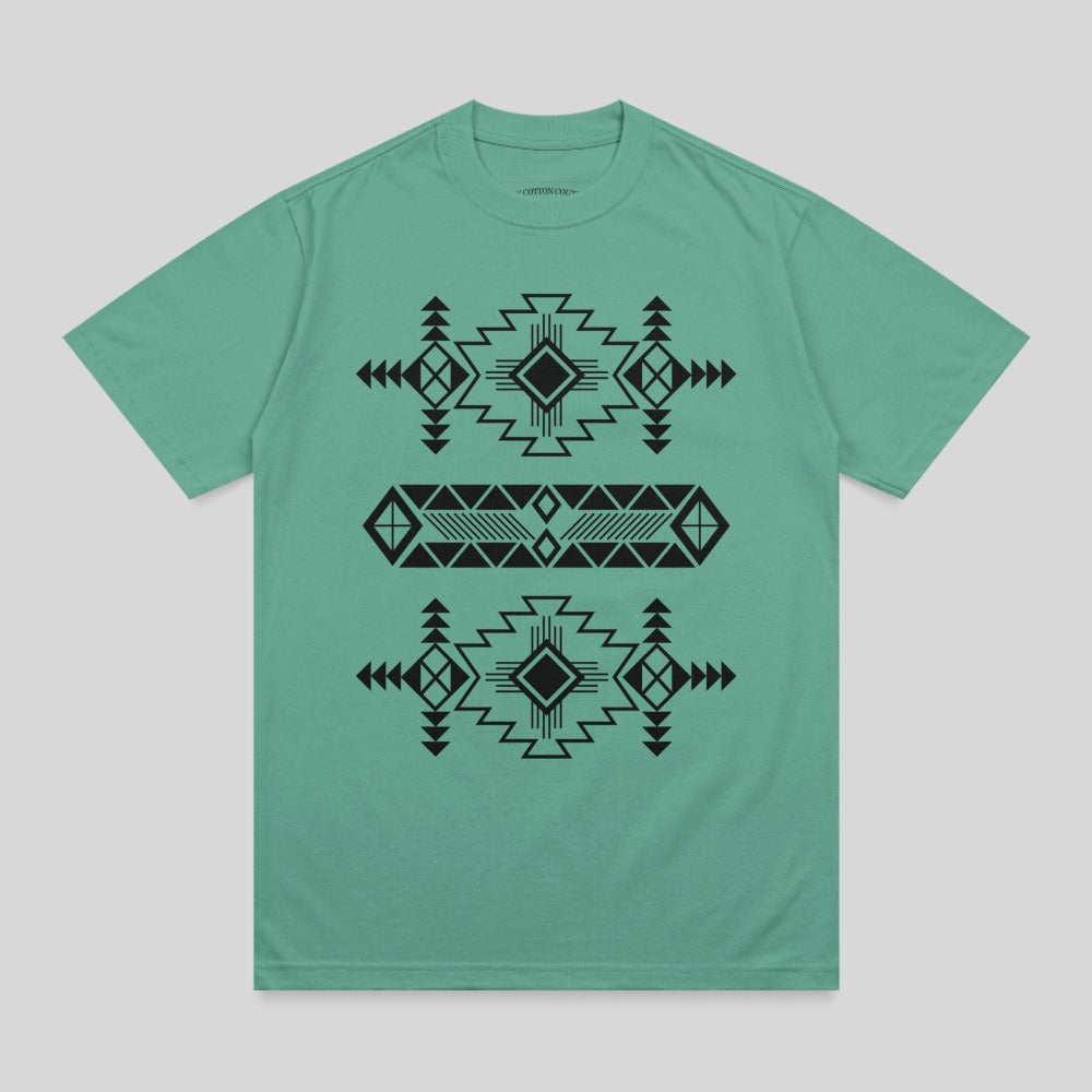 Teal t-shirt with black geometric Southwestern-inspired pattern.