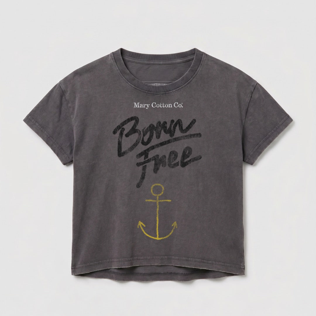 Gray t-shirt with "Born Free" and yellow anchor graphic.