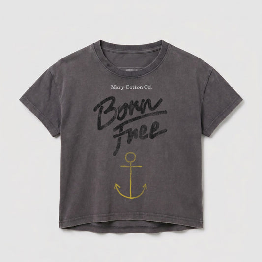Gray t-shirt with "Born Free" and yellow anchor graphic.