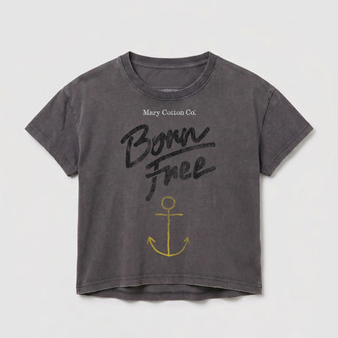 Gray t-shirt with "Born Free" and yellow anchor graphic.