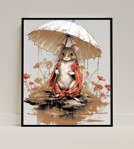 Mouse with Umbrella Framed Art Print