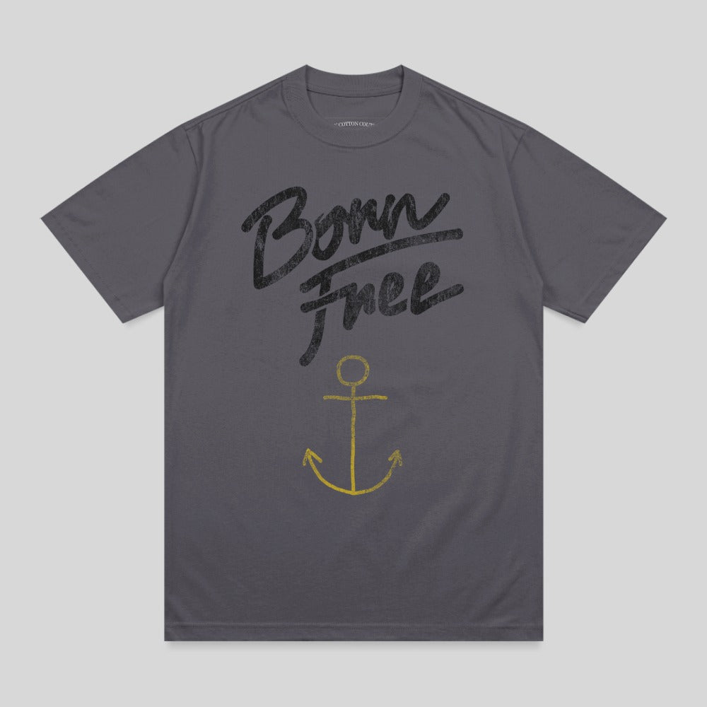Dark grey t-shirt with "Born Free" text and a yellow anchor graphic.