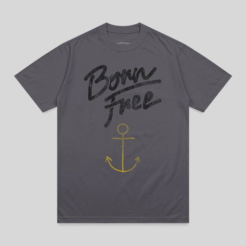 Dark grey t-shirt with "Born Free" text and a yellow anchor graphic.