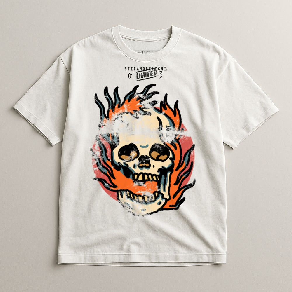 Fire Skull Graphic Art White Tee Shirt Product