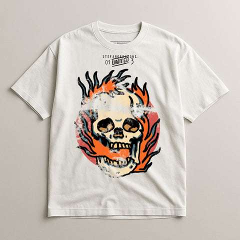 Fire Skull Graphic Art White Tee Shirt Product