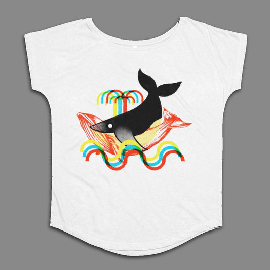 Colorful Whale and Waves Design White T-shirt