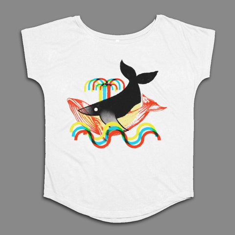 Colorful Whale and Waves Design White T-shirt