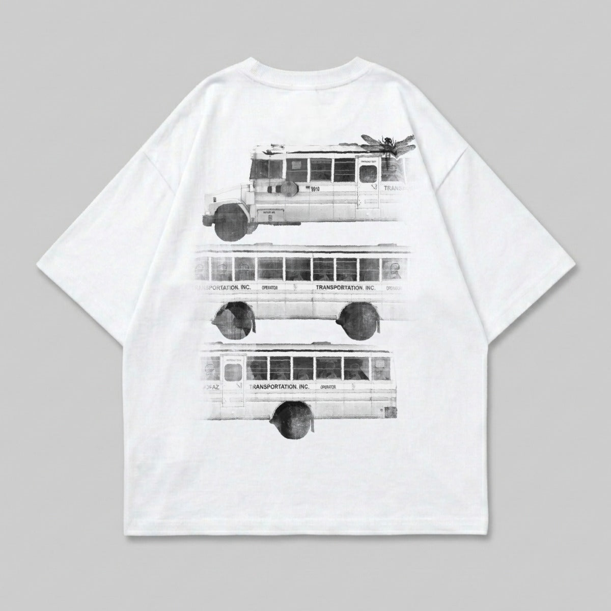 T-shirt with three stylized buses stacked vertically and text.