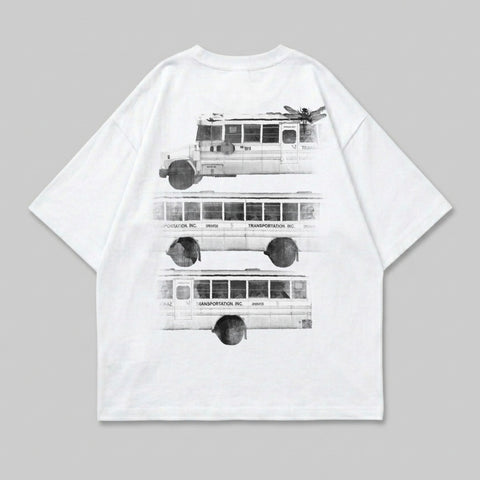 T-shirt with three stylized buses stacked vertically and text.