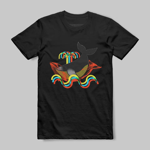 Colorful Whale with Rainbow Waves Graphic Tee