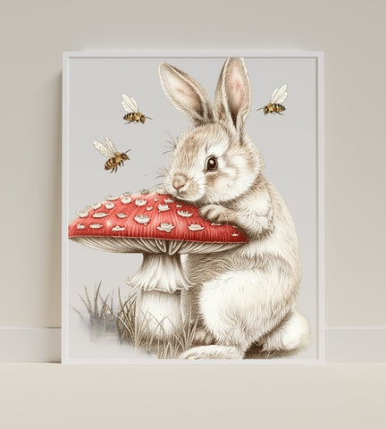 Adorable Rabbit and Mushroom Art Print with Bees