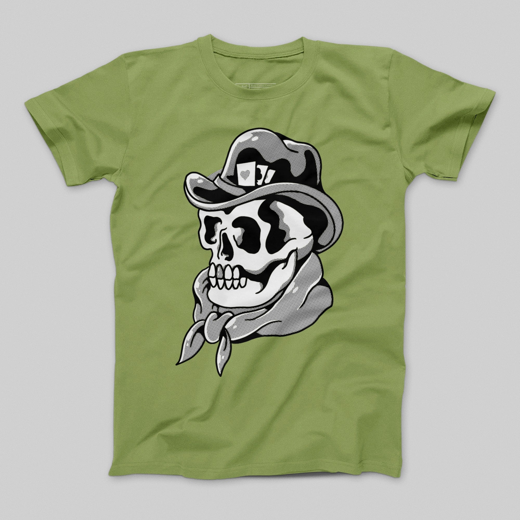 Skull with Cowboy Hat Graphic on Green Shirt Product