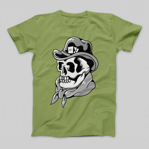 Skull with Cowboy Hat Graphic on Green Shirt Product