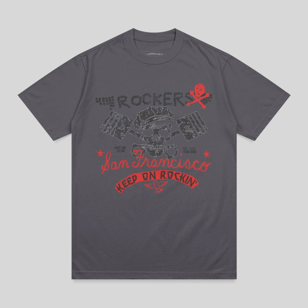 Dark grey t-shirt with "Rockers San Francisco Keep On Rockin" graphic.