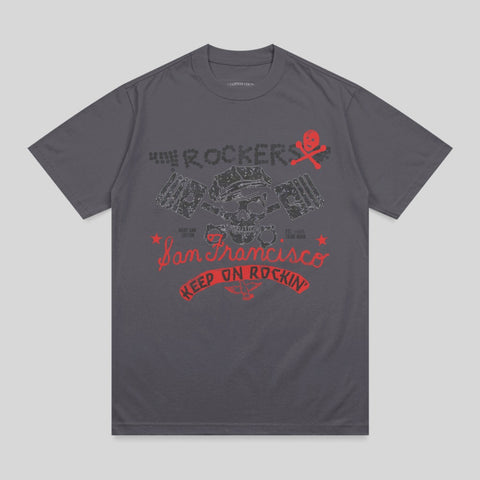 Dark grey t-shirt with "Rockers San Francisco Keep On Rockin" graphic.