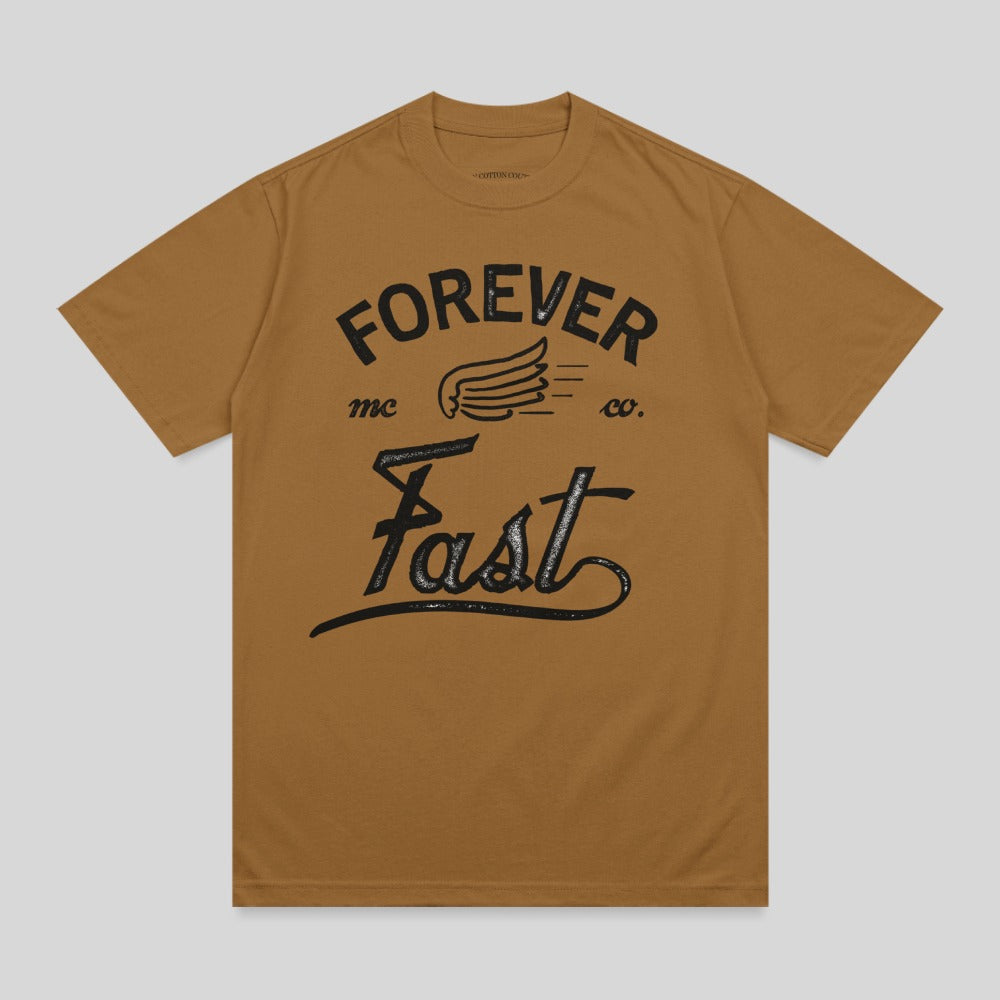 Brown t-shirt with black "FOREVER Fast mc co." text and wing graphic.