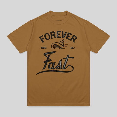 Brown t-shirt with black "FOREVER Fast mc co." text and wing graphic.