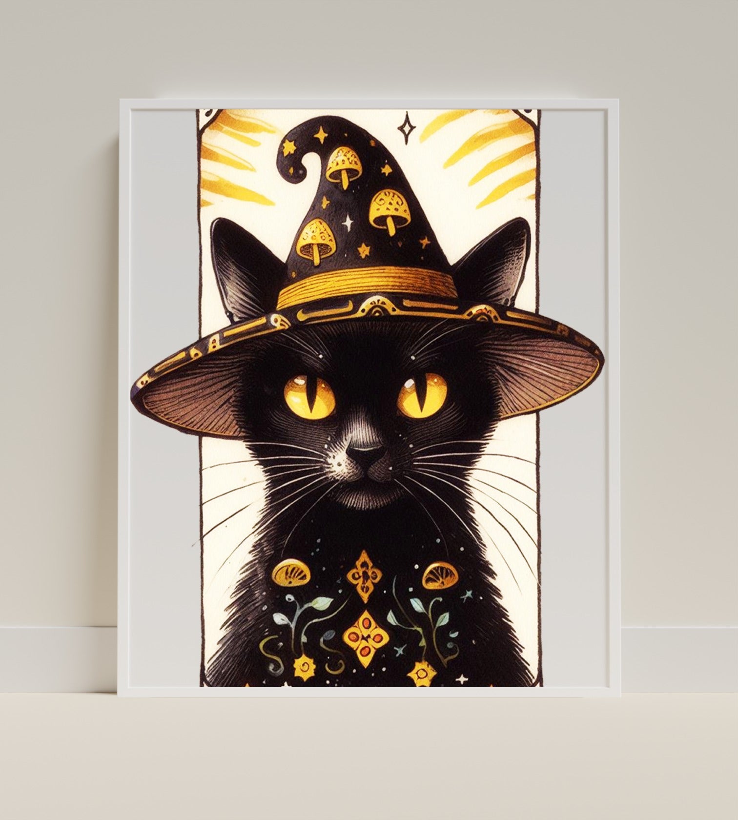 Enchanting Black Cat Art with Magical Witch Hat Print