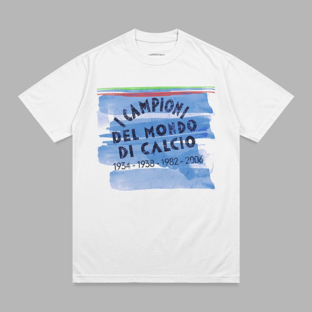 White t-shirt with blue and green brush strokes and "Campioni del Mondo" text.