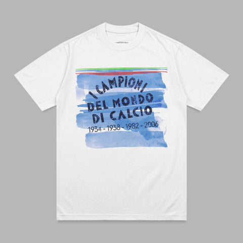 White t-shirt with blue and green brush strokes and "Campioni del Mondo" text.